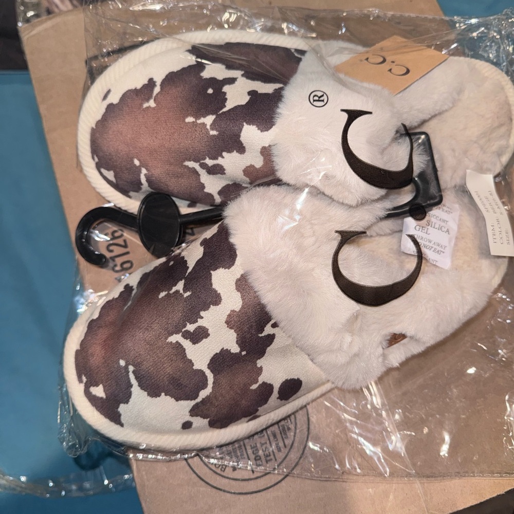 CC Boutique Brown and White Cow Print Slippers